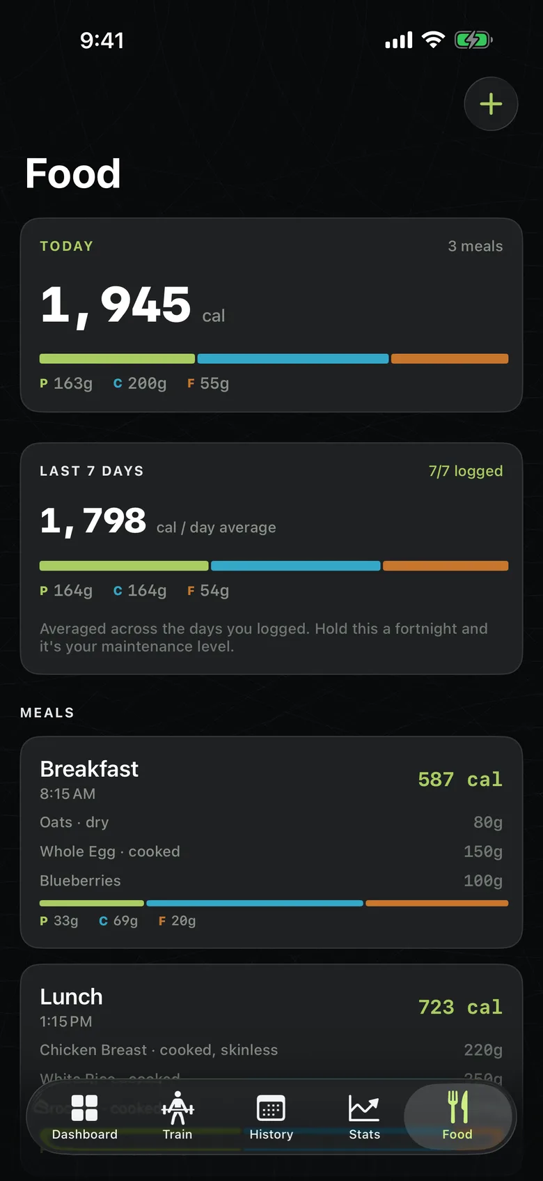 Kinetic food screen with calories, macros, and logged meals