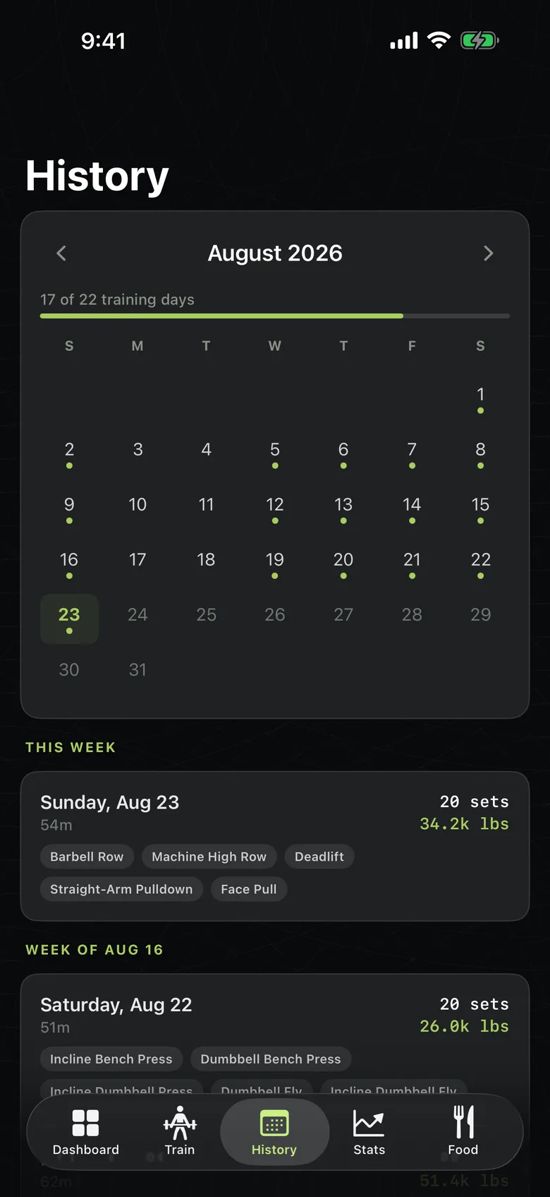 Kinetic history screen with a training calendar and past sessions
